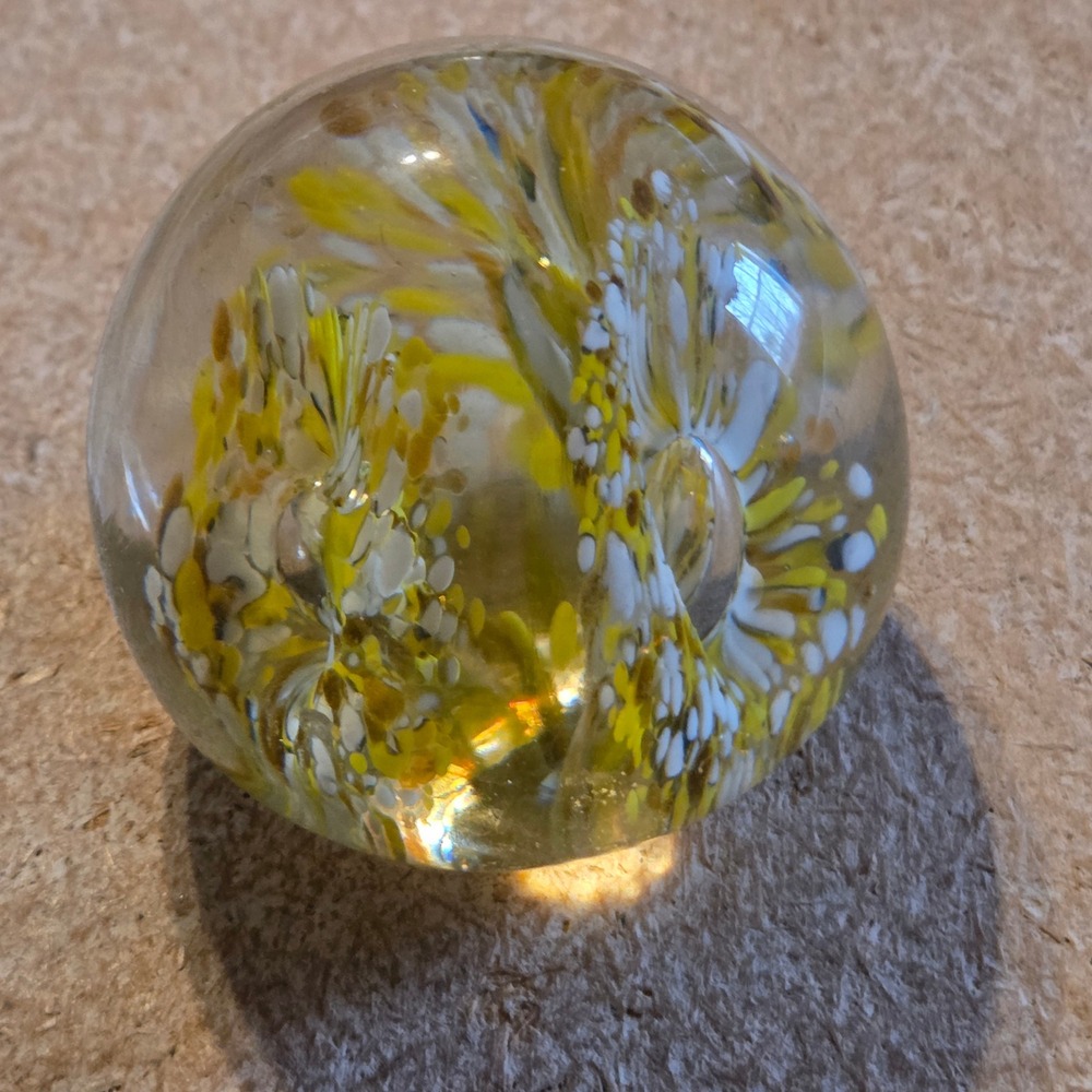 Art Glass Paperweight Yellow White Floral‎ Sphere Desk Decor